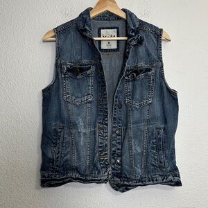 Mudd Jean Vest Jacket Womens Medium Distressed Button Front Pocket Denim y2k